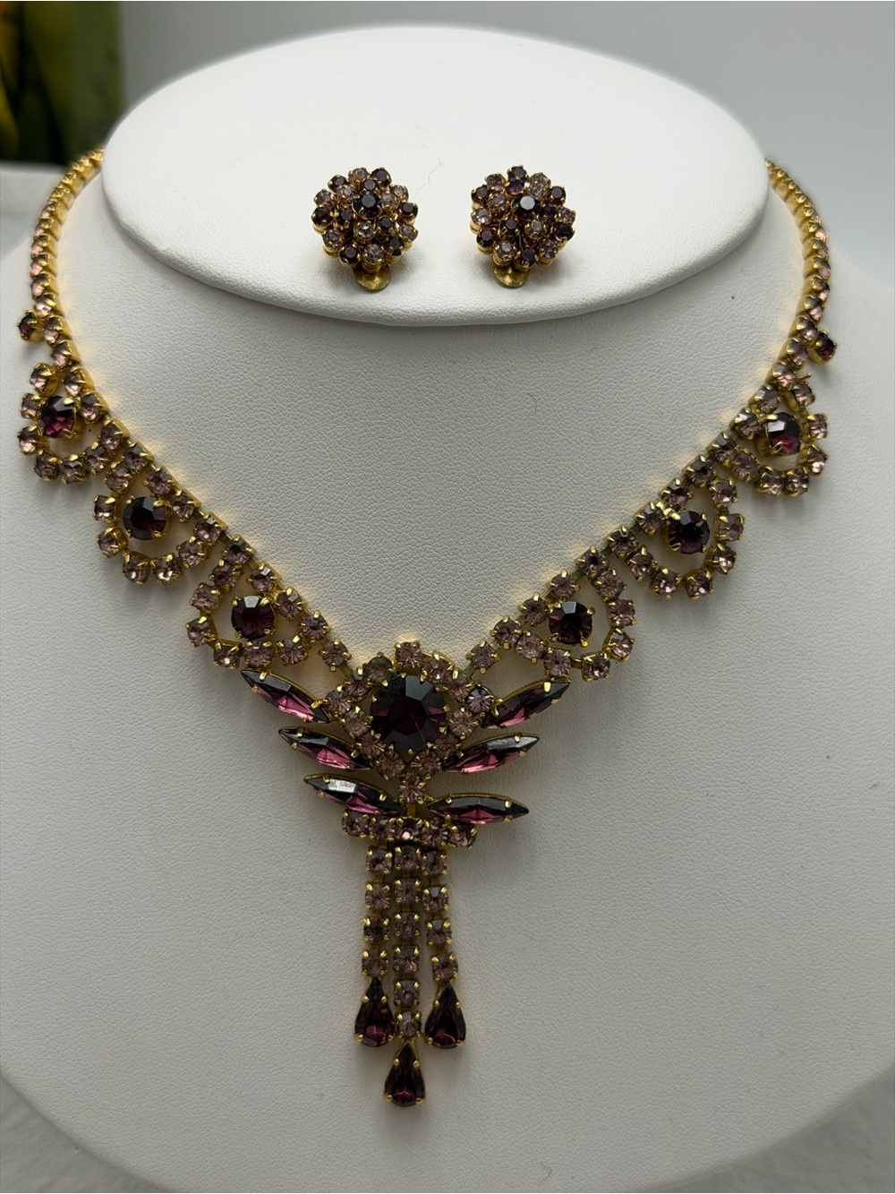 Vintage Purple Rhinestone Statement Necklace & Earring Set - Picture 3 of 6